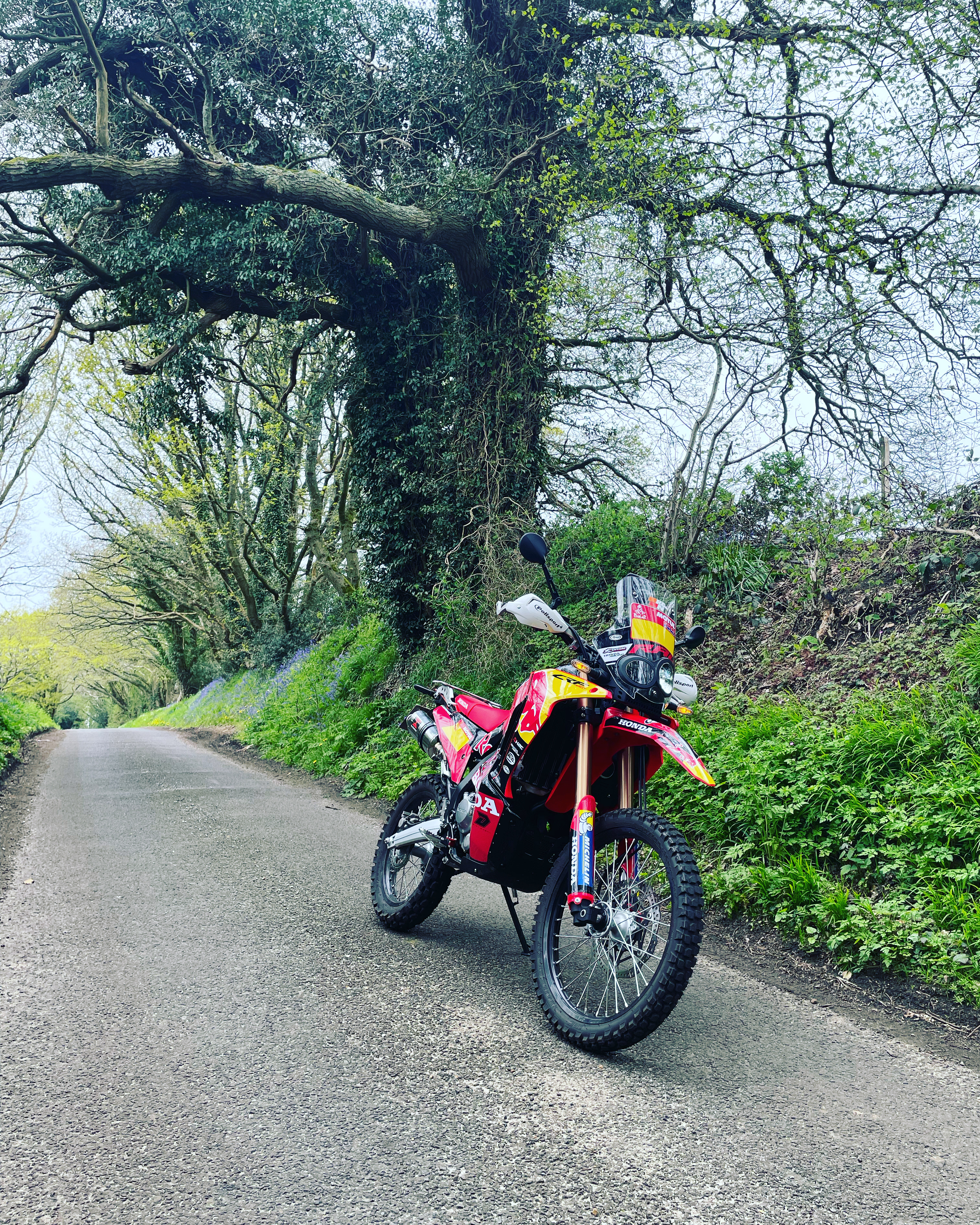 A Honda 300 Rally motorcycle parked on a narrow, winding country road, surrounded by greenery and trees.